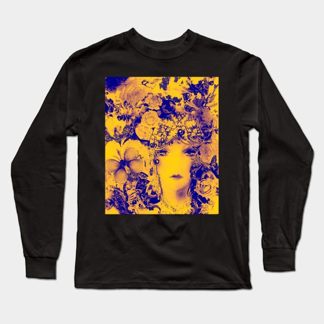 MUSTARD YELLOW AND INDIGO VIOLET ART DECO FLAPPER, BIRDS,BUTTERFLIES AND ROSES Long Sleeve T-Shirt by jacquline8689